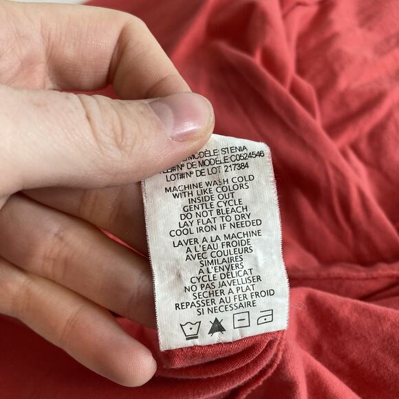 Theory Women's Coral Pink Ruched Cotton V Neck Top Size L Stretchy Draped Basics - Picture 7 of 11